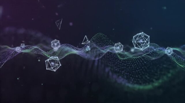 Abstract digital geometric shapes with particle waves technology background