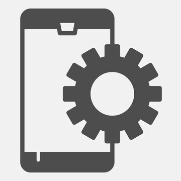 Smartphone and mechanic gear solid icon, settings concept. Vector graphics. Phone with cogwheel sign with glyph style icon for mobile or web design.
