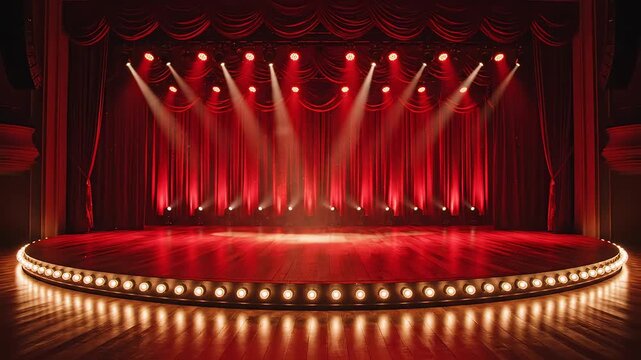 Empty stage with red curtains and spotlights emphasizing fluid motion and vibrant color palettes