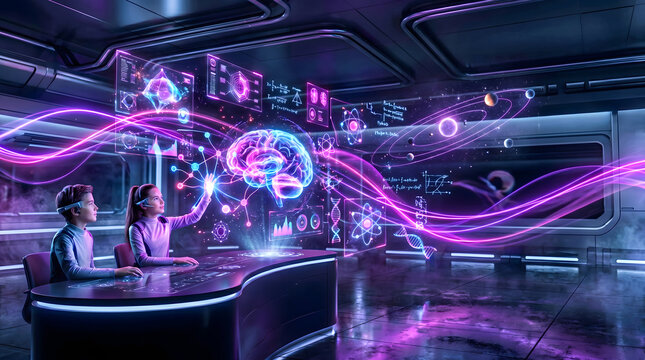 Two children wearing headsets interact with a glowing holographic brain model in a sleek futuristic science classroom filled with digital educational visuals.