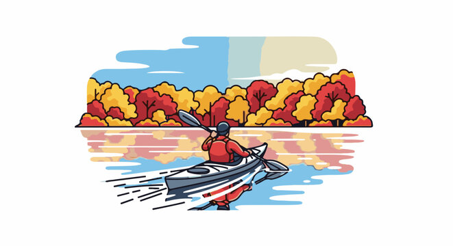 A person kayaks on a calm lake surrounded by vibrant autumn foliage