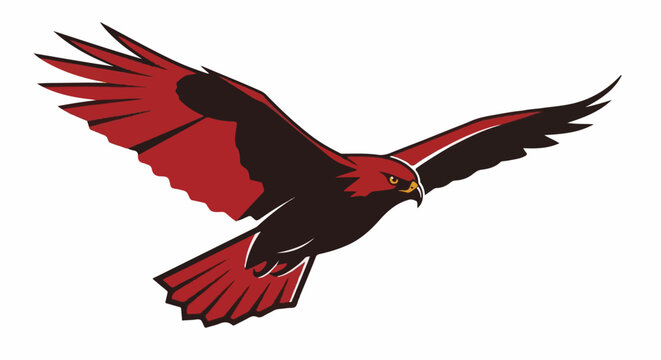 A stylized hawk with dark body and red wings soars through the air