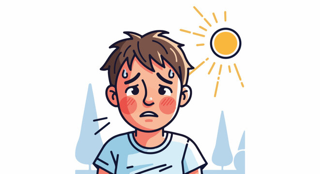 A person with flushed cheeks and sweat drops under a hot sun