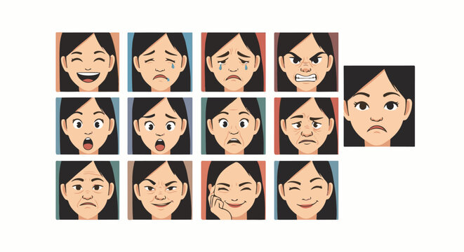 A grid displays various pixel art facial expressions of a young woman, showing emotions