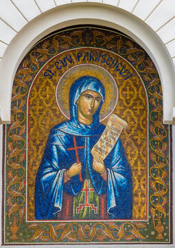 A mosaic icon representing the pious Saint Parascheva at the cathedral in Iasi - Romania. She is one of the most famous saints in the country, being considered a miracle worker