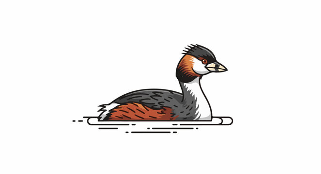 A stylized illustration of a grebe with distinctive reddish-brown markings, black crest, and white neck