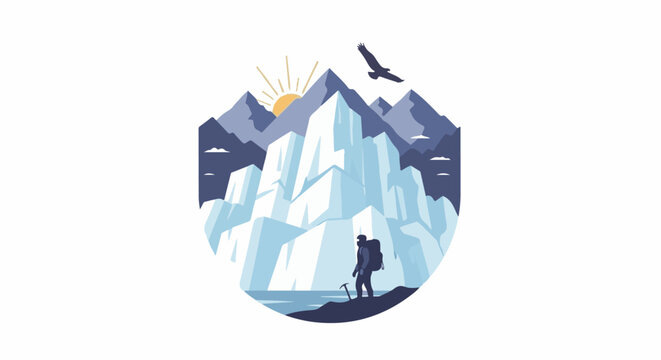 A lone climber stands on a rocky shore, facing a massive icy mountain range under a sunrise