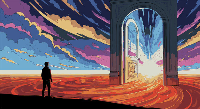 A lone figure gazes at a brightly lit, ornate doorway opening to a vibrant, energetic sky