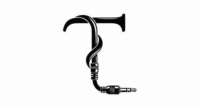 A stylized letter "T" forms a visual pun, intertwined with an audio cable and plug