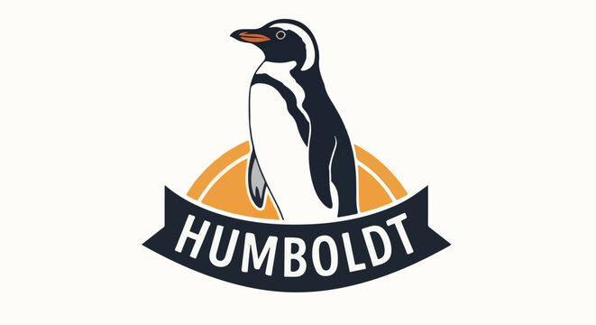 A stylized penguin stands centered on a graphic banner with the word "HUMBOLDT" against an orange semi-circle