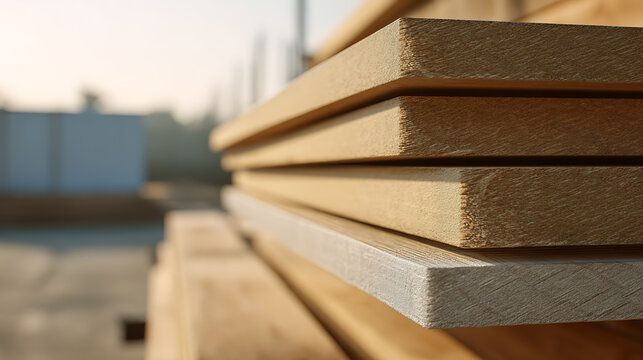 Close-up of neatly stacked timber planks, showcasing wood texture and construction materials at a lumberyard on a bright day with soft light