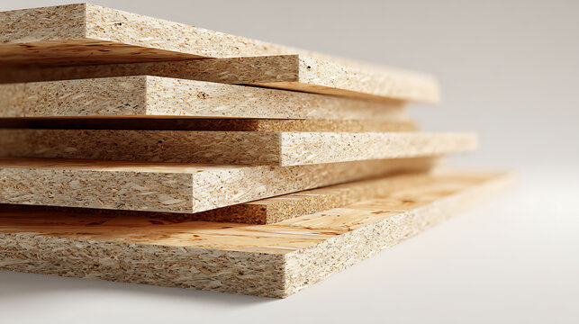 Stack of Oriented Strand Board (OSB) Panels, Wood Construction Material, Building Components, Textured Surface, Natural Wood Grain Pattern