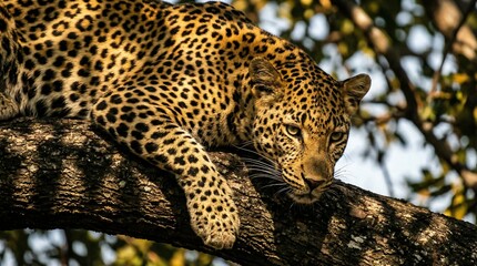 Fototapeta premium Majestic African leopard resting on a tree branch looking down