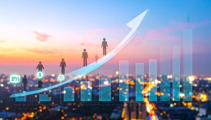 Obraz premium Curved upward arrow rising left to right with human icons ascending along path, symbolizing growth, progress, and success, set against cityscape at sunset, evoking optimism and advancement.