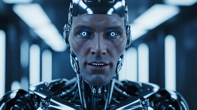 Futuristic humanoid robot in metallic suit perfect for engineering projects and factory visuals