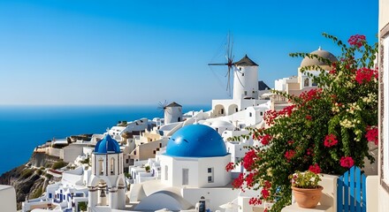 Fototapeta premium Colorful summer in santorini iconic greek architecture and vibrant bougainvillea