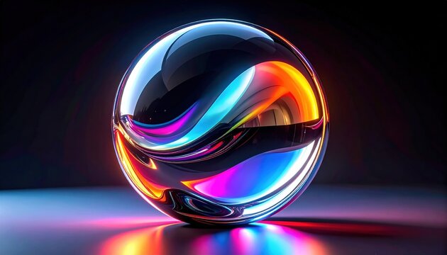 Polished chrome-plated glass sphere with vibrant iridescent light reflections