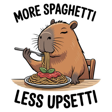 A cartoon illustration of a brown capybara sitting at a wooden table, eating spaghetti with a fork