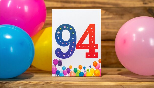 Birthday or anniversary card with number 94 with bright colors and balloons