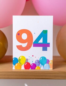 Birthday or anniversary card with number 94 with bright colors and balloons