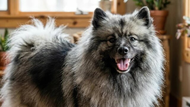 Portrait of a cheerful Keeshond dog with fluffy coat, natural animal detail, clean composition, realistic fur feather or skin texture, soft daylight, crisp focus, premium stock quality, wildlife or