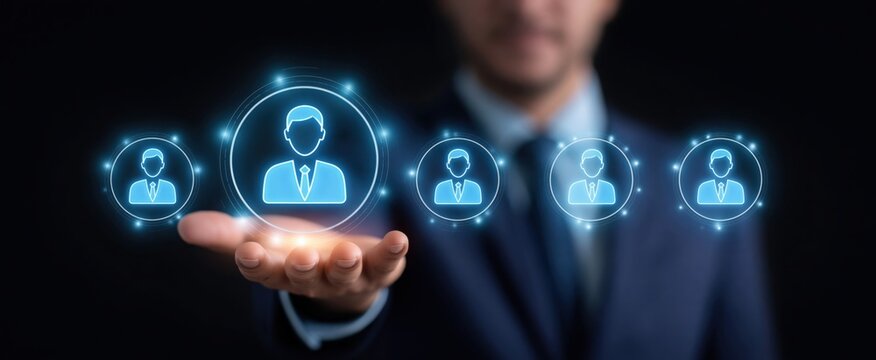 AI hiring process. Automated candidate evaluation and competency testing. HR specialist utilizing AI-driven recruitment automation platform.