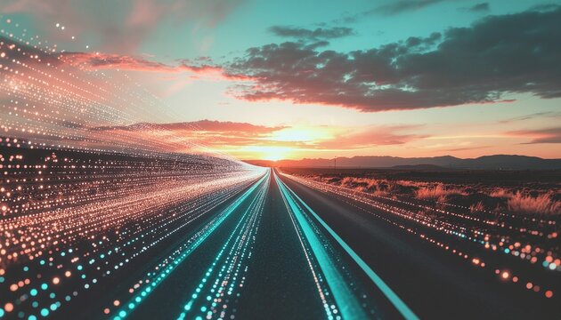 夕焼けの一本道を流れるデータストリームと未来へのロードイメージ