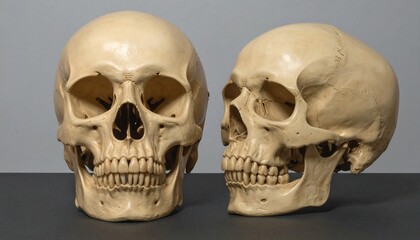 Obraz premium Two human skulls side by side on neutral gray background, one frontal view with eye sockets and teeth, one angled profile showing jawline and cheekbone, highlighting anatomy, structure, and detail.