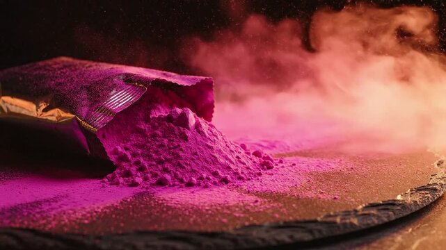 Bright pink powder spills from a shiny gold packet onto a dark textured surface, creating a cloud of fine dust particles, festive celebration