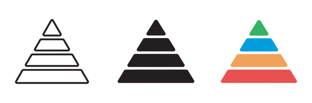 Triangular Pyramid Infographic Set, colorful five level pyramid icons, layered hierarchy diagram, business data visualization, clean modern vector design