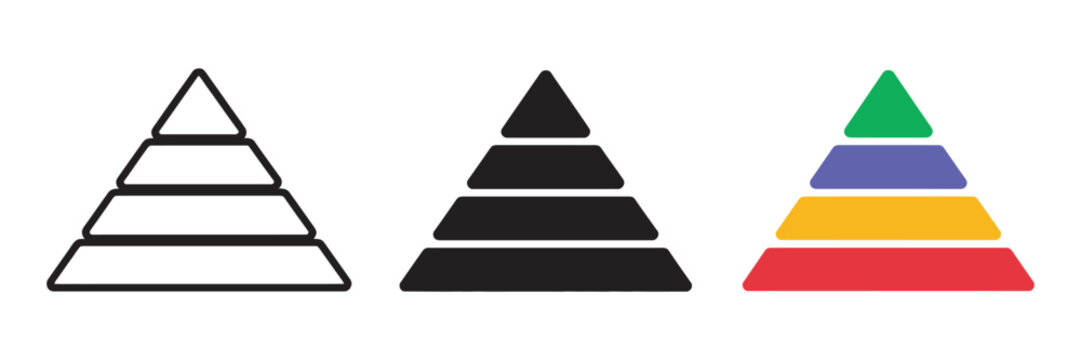 Triangular Pyramid Infographic Set, colorful five level pyramid icons, layered hierarchy diagram, business data visualization, clean modern vector design