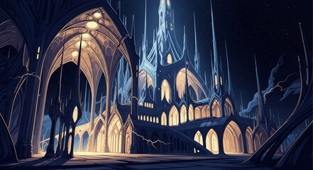 Fantasy Castle with Illuminated Spires and Gothic Architecture. © Muh