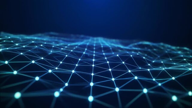 Glowing blue digital network of interconnected nodes and lines on dark background, symbolizing connectivity, communication, and artificial intelligence systems.