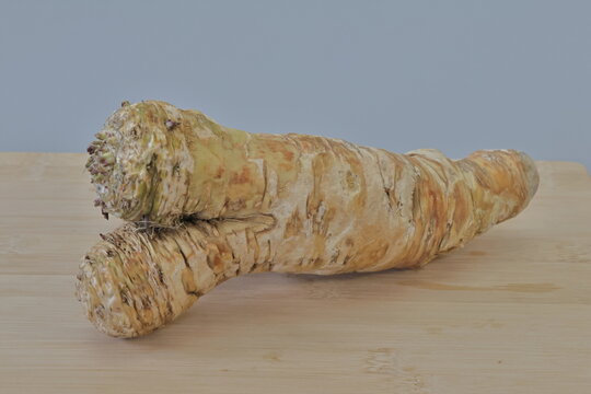 horseradish root close-up root on a wooden table, isolated on gray background