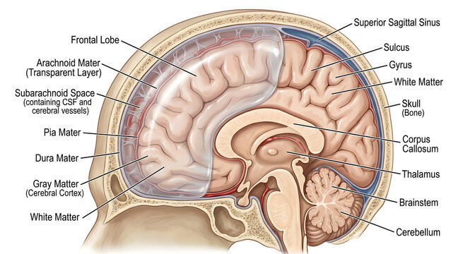Medial brain section illustrating frontal lobe, gyri and sulci, multilayered meninges, superior sagittal sinus, corpus callosum, thalamus, brainstem and cerebellum, showing relationships between gray 