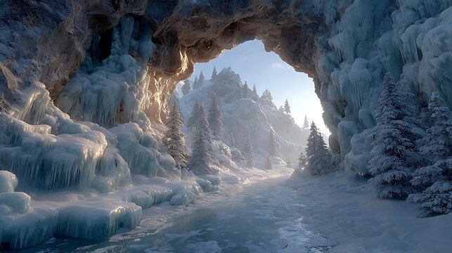 Icy waterfall frozen mid cascade within glowing blue glacier cavern images