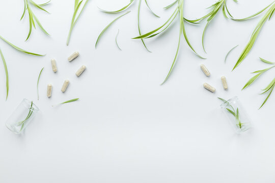 Alternative herbal medicine - herbs and pills on white. Homeopathy treatment, top view