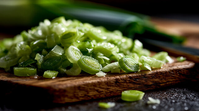 Pile of finely chopped green onions and scallions on a wooden cutting board, close-up detail