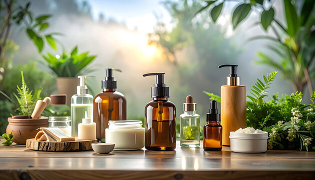 Natural organic skincare products arranged on a wooden surface with lush green foliage and soft sunlight in the background, promoting wellness and self-care