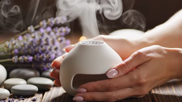 Woman's hands holding aroma diffuser with steam and lavender