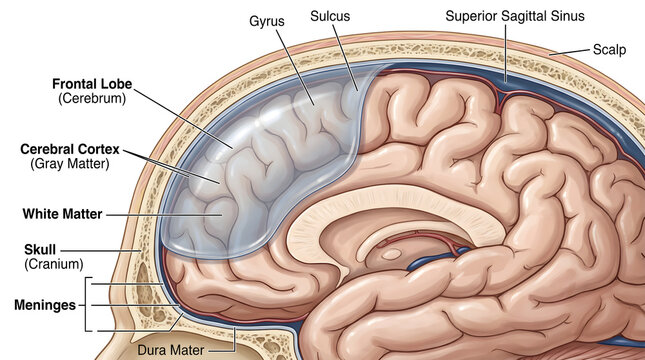 Close sagittal section of frontal lobe showing cerebral cortex gray matter overlying subcortical white matter, with labeled gyri, sulci, skull (cranium), meninges and superior sagittal sinus beneath t