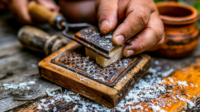 Hands grating a block of cheese using a vintage metal grater with a wooden handle, food prepara
