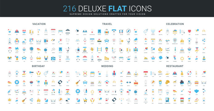 Colorful flat icon collection features vacation, travel, celebration, birthday, wedding, and restaurant themes with modern design elements isolated vector illustration