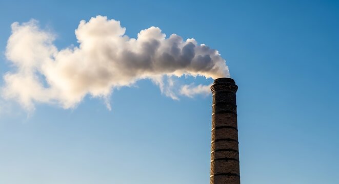 Smoke billowing from industrial chimney against clear blue sky environment