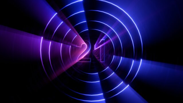 Number 21 in Neon Glowing Style, Abstract 21st Century Countdown Background with Blue and Purple Light Rays and Circular Motion