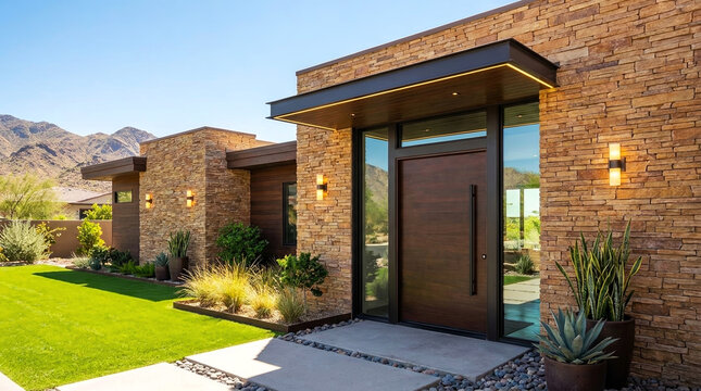 Modern luxury stone house exterior with wooden pivot door and desert landscaping at sunset
