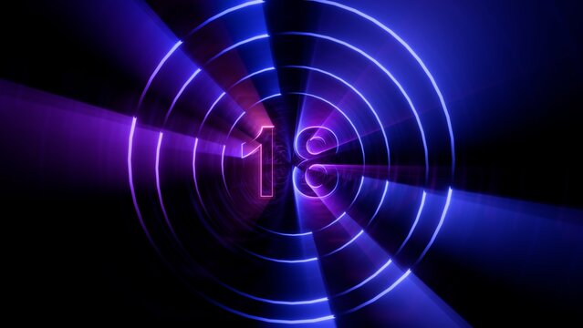 Neon Blue and Purple Countdown Timer Number 18 with Glowing Circular Rays