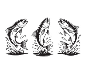 Fototapeta premium Jumping Salmon Fish Set, three vector illustrations, dynamic leaping fish icons, wildlife and nature seafood design, clean flat style
