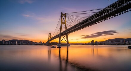 Obraz premium Suspension bridge over calm water at sunset with city skyline background