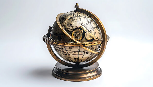 Ornate antique celestial globe armillary sphere, intricate brass details, scientific instrument for astronomy, historical education, vintage decor element
